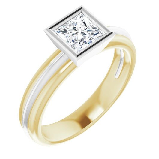 14K Yellow & White Gold Customizable Bezel-set Princess/Square Cut Solitaire with Grooved Band