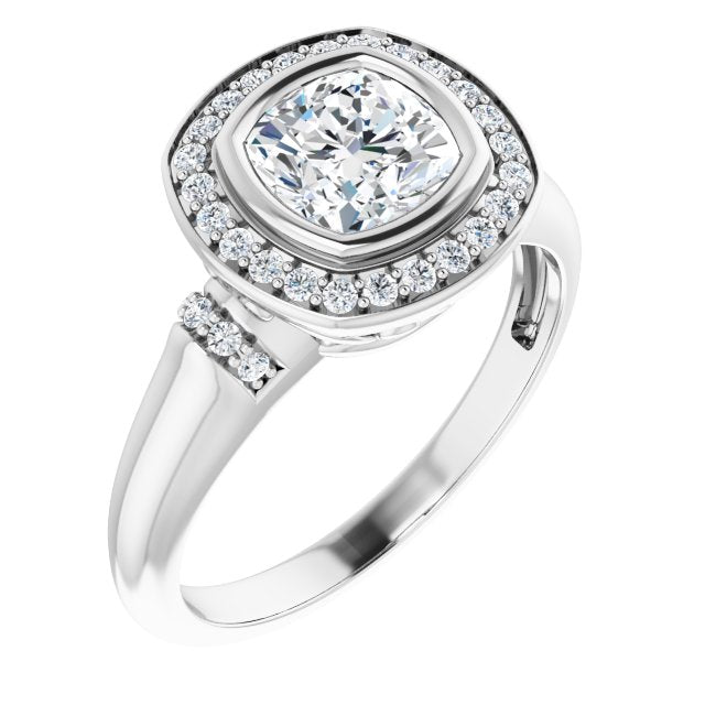 10K White Gold Customizable Bezel-set Cushion Cut Design with Halo and Vertical Round Channel Accents