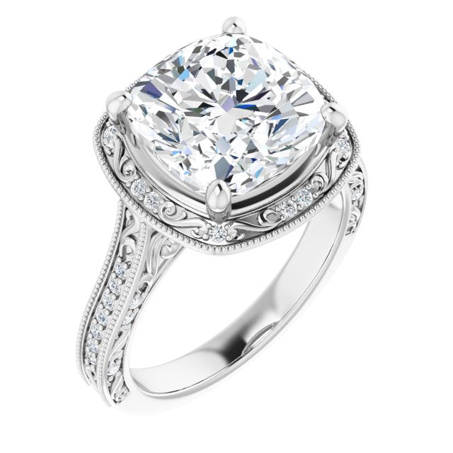 10K White Gold Customizable Vintage Artisan Cushion Cut Design with 3-Sided Filigree and Side Inlay Accent Enhancements