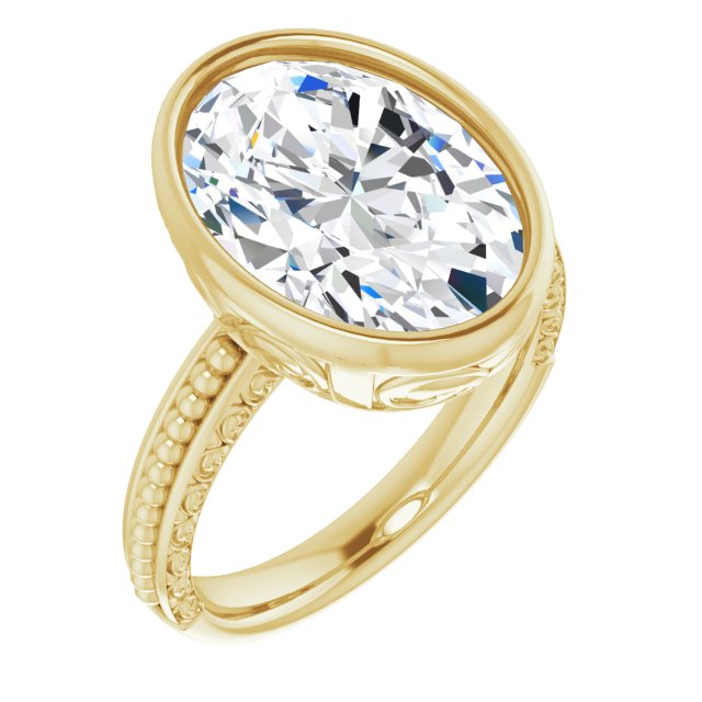 10K Yellow Gold Customizable Bezel-set Oval Cut Solitaire with Beaded and Carved Three-sided Band
