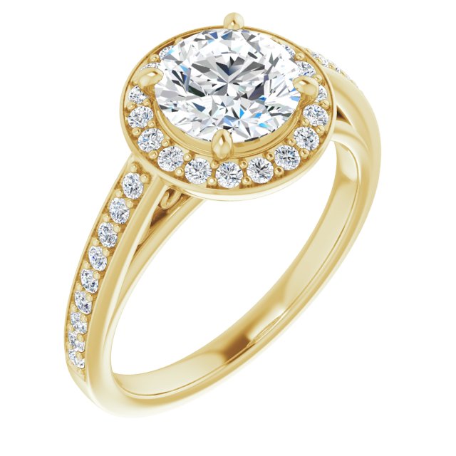 10K Yellow Gold Customizable Round Cut Style with Halo and Sculptural Trellis