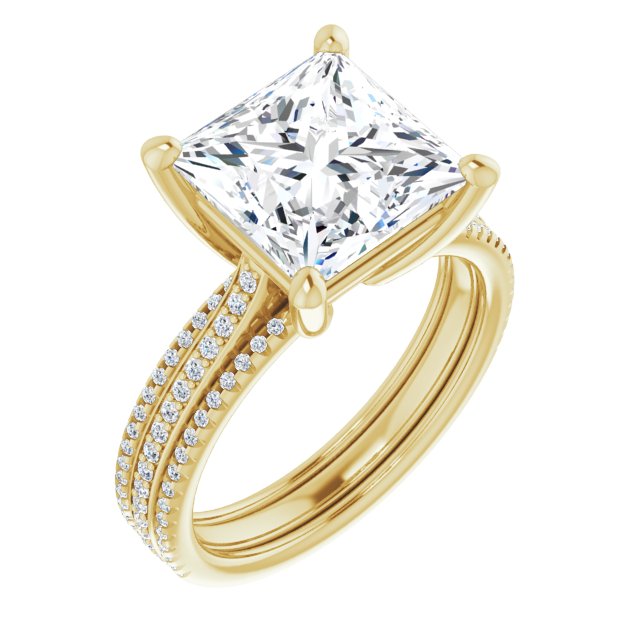 10K Yellow Gold Customizable Princess/Square Cut Center with Wide Pavé Accented Band