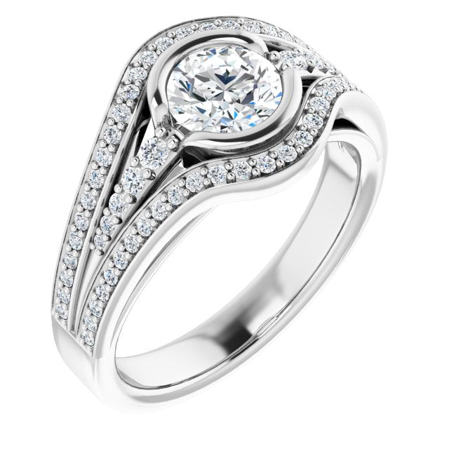 10K White Gold Customizable Cathedral-Bezel Round Cut Design with Wide Triple-Split-Pavé Band