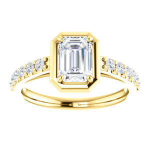 Cubic Zirconia Engagement Ring- The Lynette (Customizable Cathedral-style Bezel-set Emerald Cut 13-stone Design with Round Band Accents)