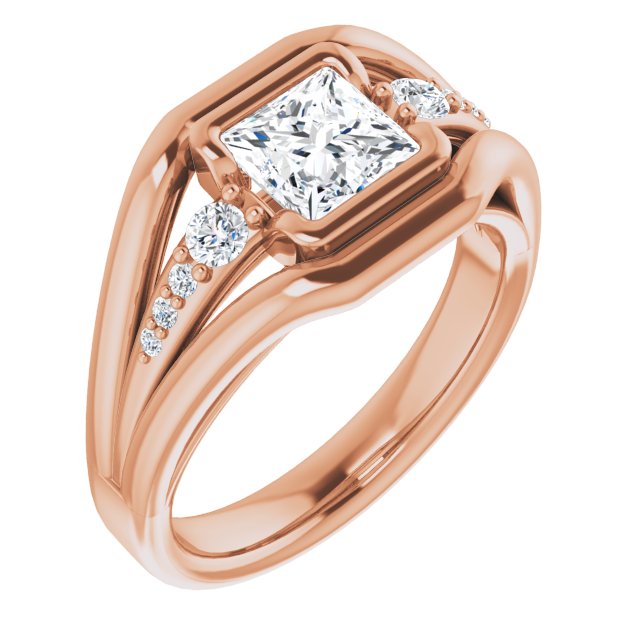 10K Rose Gold Customizable 9-stone Princess/Square Cut Design with Bezel Center, Wide Band and Round Prong Side Stones