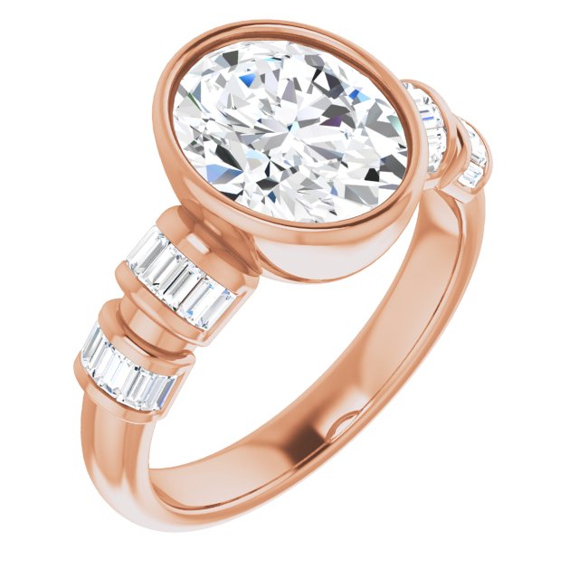 10K Rose Gold Customizable Bezel-set Oval Cut Design with Quad Horizontal Band Sleeves of Baguette Accents