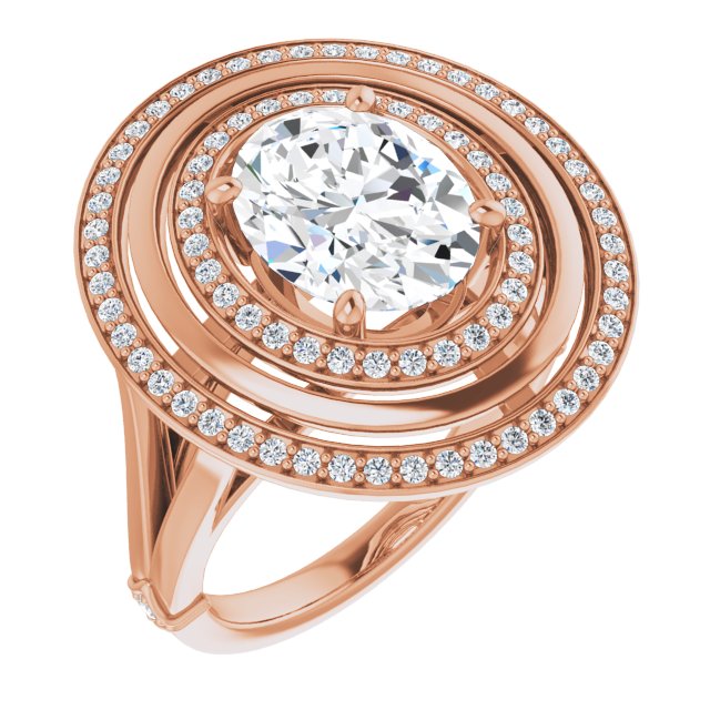 10K Rose Gold Customizable Oval Cut Oversized 2x Halo Style with Knuckle Accented Split Band
