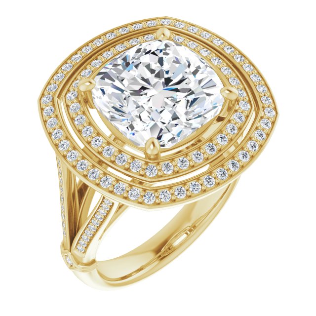 10K Yellow Gold Customizable Cathedral-set Cushion Cut Design with Double Halo, Wide Split-Shared Prong Band and Side Knuckle Accents