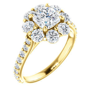 Cubic Zirconia Engagement Ring- The Temeka (Customizable Cathedral-Cushion Cut Style featuring Large-Accent Floral Cluster Halo and Thin Pavé Band)