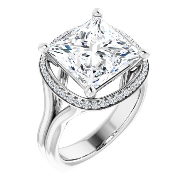 10K White Gold Customizable Princess/Square Cut Style with Halo, Wide Split Band and Euro Shank