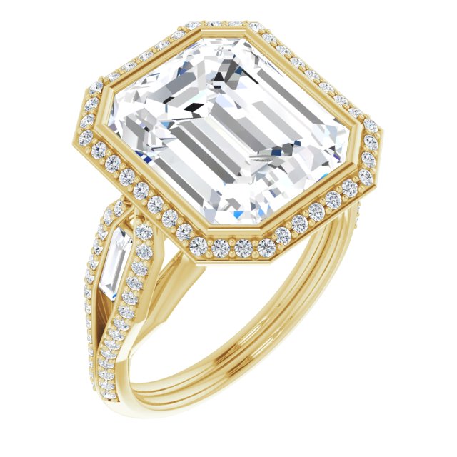 10K Yellow Gold Customizable Cathedral-Bezel Emerald/Radiant Cut Design with Halo, Split-Pavé Band & Channel Baguettes