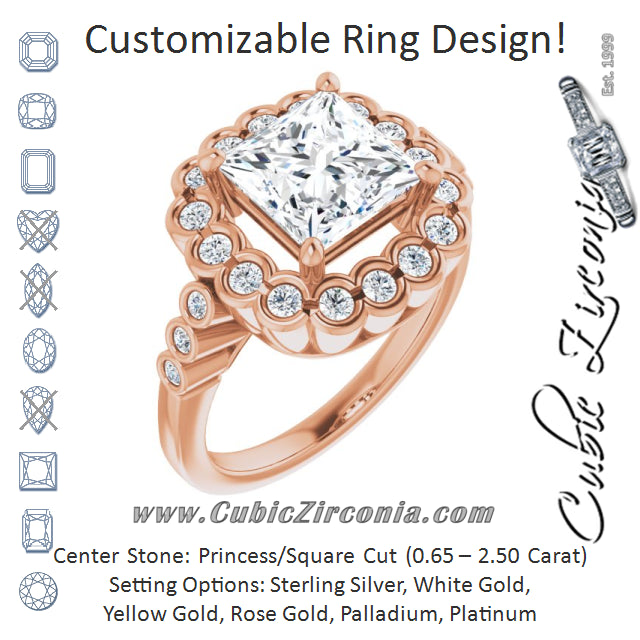 Cubic Zirconia Engagement Ring- The Berkley (Customizable Princess/Square Cut Design with Round-bezel Halo and Band Accents)