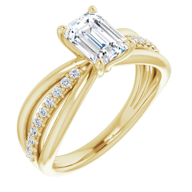 10K Yellow Gold Customizable Emerald/Radiant Cut Design with Tri-Split Accented Band