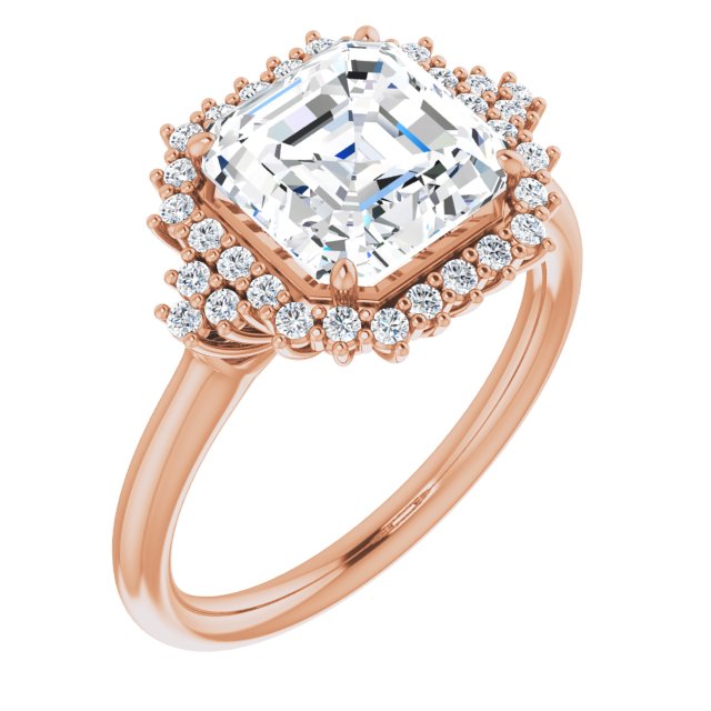 10K Rose Gold Customizable Asscher Cut Cathedral-Halo Design with Tri-Cluster Round Accents