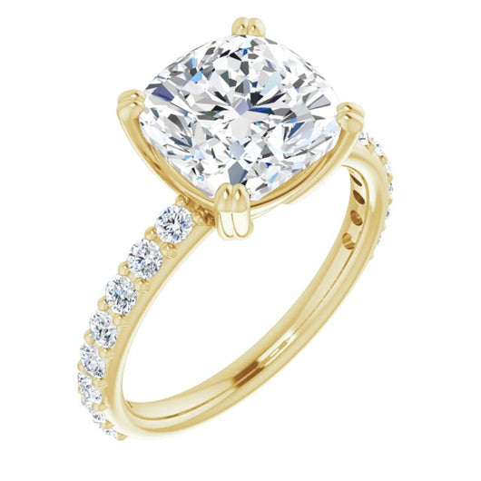 10K Yellow Gold Customizable Cushion Cut Design with Large Round Cut 3/4 Band Accents