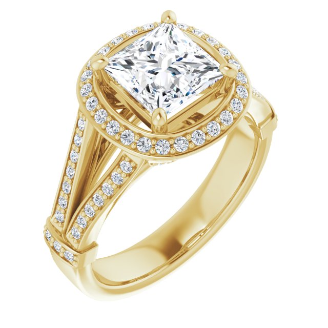 10K Yellow Gold Customizable Princess/Square Cut Setting with Halo, Under-Halo Trellis Accents and Accented Split Band