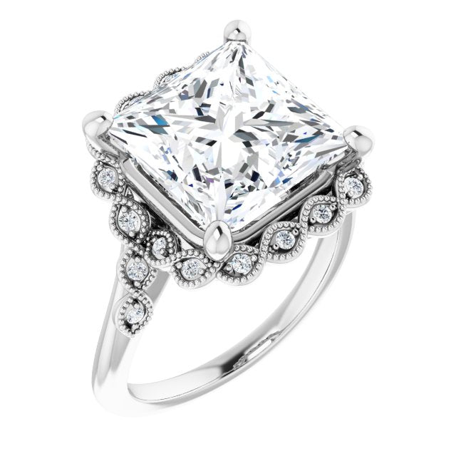 10K White Gold Customizable 3-stone Design with Princess/Square Cut Center and Halo Enhancement