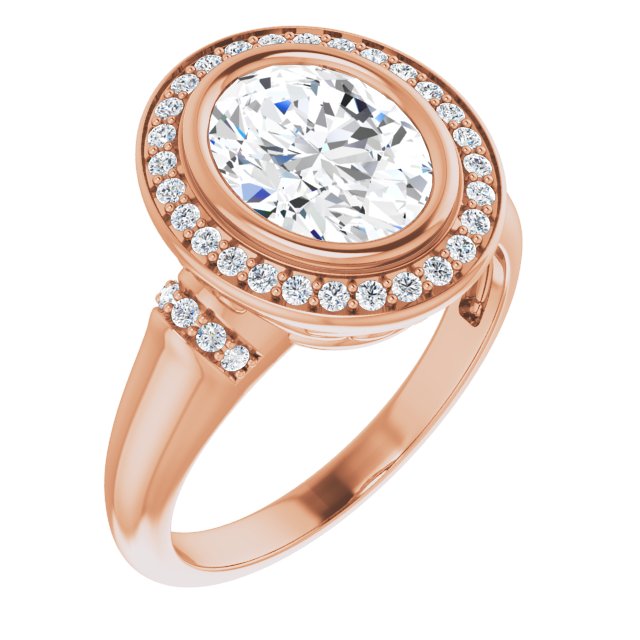 10K Rose Gold Customizable Bezel-set Oval Cut Design with Halo and Vertical Round Channel Accents