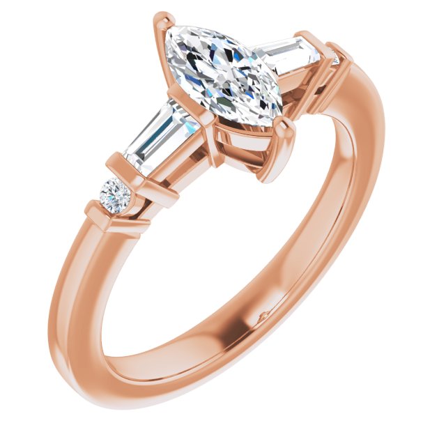 10K Rose Gold Customizable 5-stone Baguette+Round-Accented Marquise Cut Design)