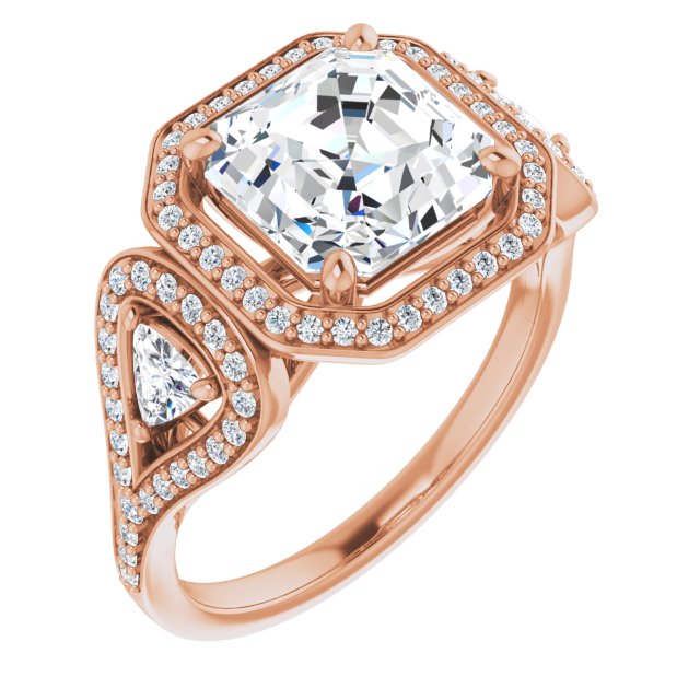 10K Rose Gold Customizable Cathedral-set Asscher Cut Design with 2 Trillion Cut Accents, Halo and Split-Shared Prong Band