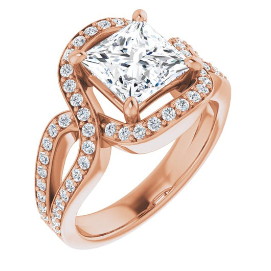 10K Rose Gold Customizable Princess/Square Cut Center with Infinity-inspired Split Shared Prong Band and Bypass Halo