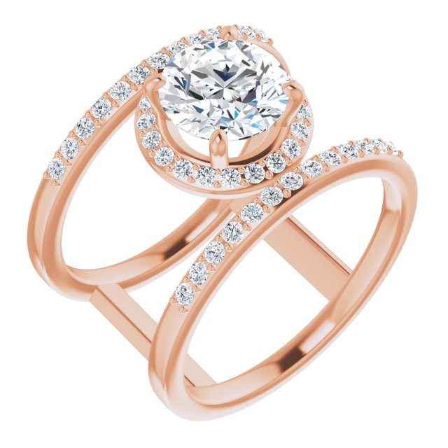 14K Rose Gold Customizable Round Cut Halo Design with Open, Ultrawide Harness Double Pavé Band