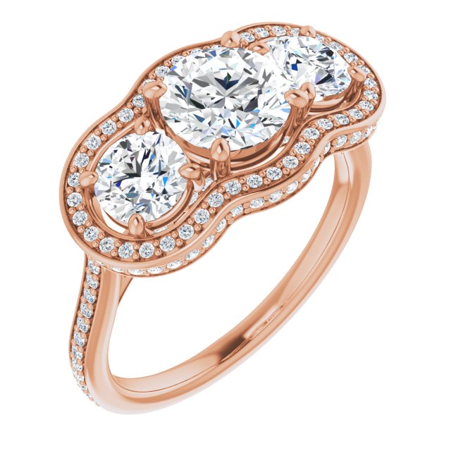 10K Rose Gold Customizable 3-stone Round Cut Design with Multi-Halo Enhancement and 150+-stone Pavé Band