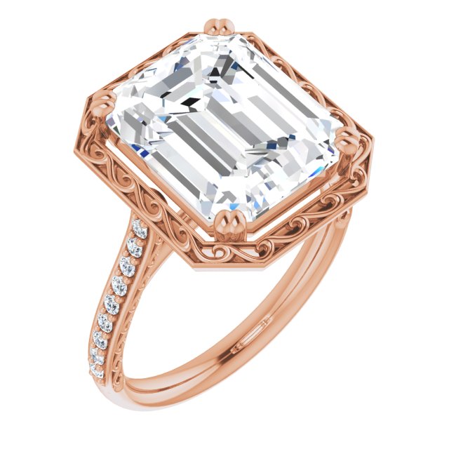10K Rose Gold Customizable Emerald/Radiant Cut Halo Design with Filigree and Accented Band