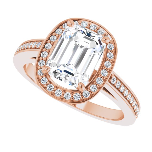 Cubic Zirconia Engagement Ring- The Roseanne (Customizable Cathedral-set Emerald Cut Design with Halo, Thin Shared Prong Band & Round-Bezel Peekaboos)