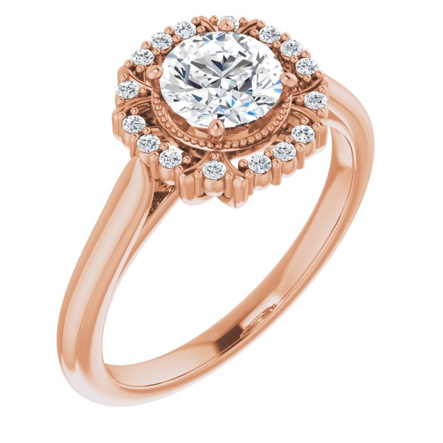 10K Rose Gold Customizable Round Cut Design with Majestic Crown Halo and Raised Illusion Setting