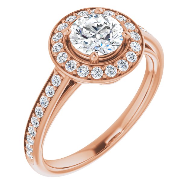 10K Rose Gold Customizable Cathedral-raised Round Cut Halo-and-Accented Band Design