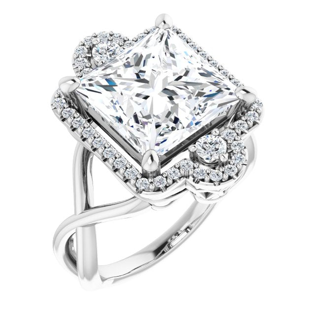 10K White Gold Customizable Vertical 3-stone Princess/Square Cut Design Enhanced with Multi-Halo Accents and Twisted Band