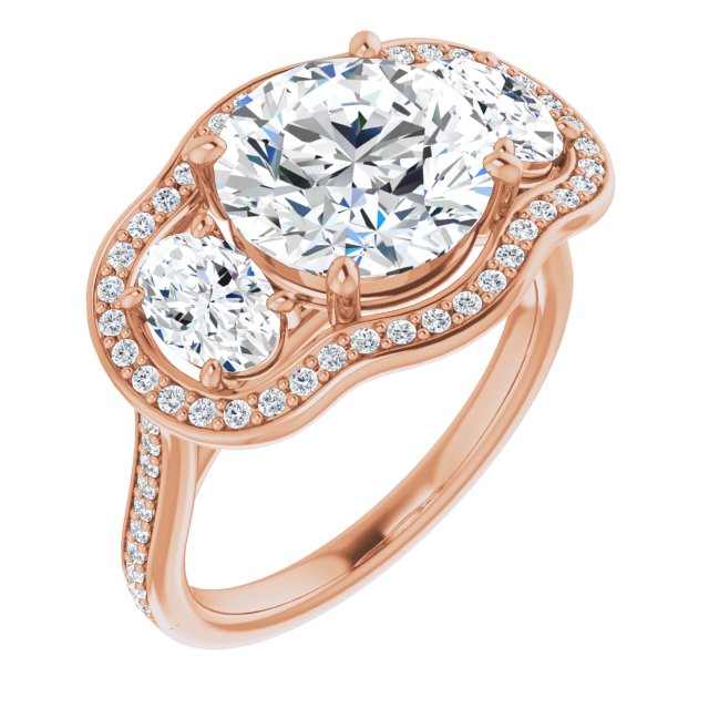 10K Rose Gold Customizable Round Cut Style with Oval Cut Accents, 3-stone Halo & Thin Shared Prong Band