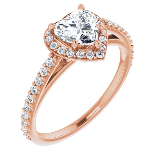 10K Rose Gold Customizable Heart Cut Design with Halo and Thin Pavé Band