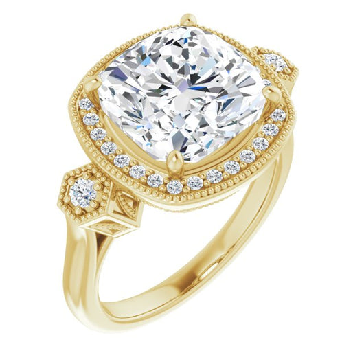 10K Yellow Gold Customizable Cathedral Cushion Cut Design with Halo and Delicate Milgrain