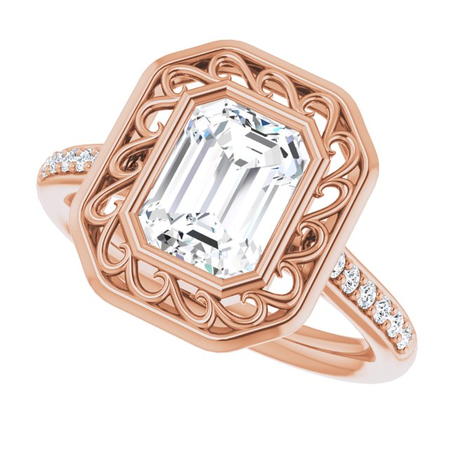 Cubic Zirconia Engagement Ring- The Hailey Belle (Customizable Cathedral-Bezel Emerald Cut Design with Floral Filigree and Thin Shared Prong Band)