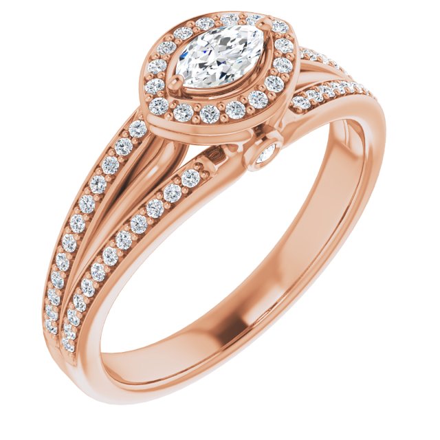 10K Rose Gold Customizable High-set Marquise Cut Design with Halo, Wide Tri-Split Shared Prong Band and Round Bezel Peekaboo Accents