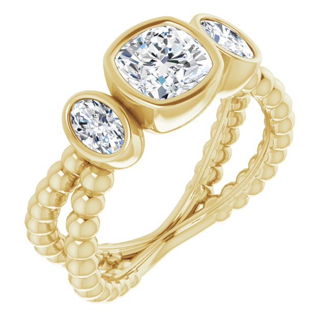10K Yellow Gold Customizable 3-stone Cushion Cut Design with 2 Oval Cut Side Stones and Wide, Bubble-Bead Split-Band