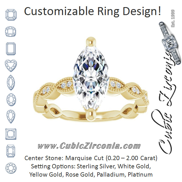 Cubic Zirconia Engagement Ring- The Shanice (Customizable Marquise Cut Artisan Design with Scalloped, Round-Accented Band and Milgrain Detail)