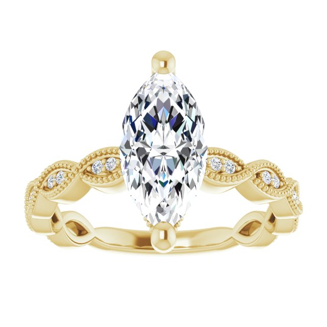 Cubic Zirconia Engagement Ring- The Shanice (Customizable Marquise Cut Artisan Design with Scalloped, Round-Accented Band and Milgrain Detail)