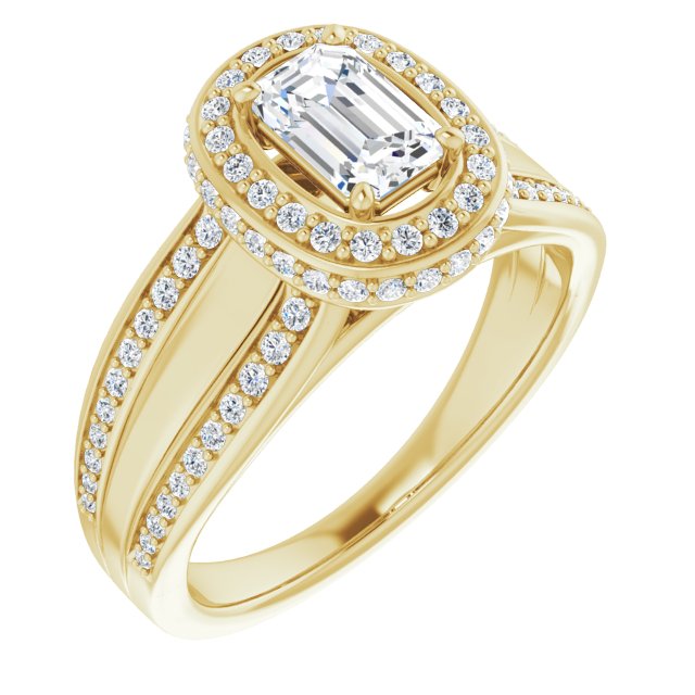 10K Yellow Gold Customizable Halo-style Emerald/Radiant Cut with Under-halo & Ultra-wide Band