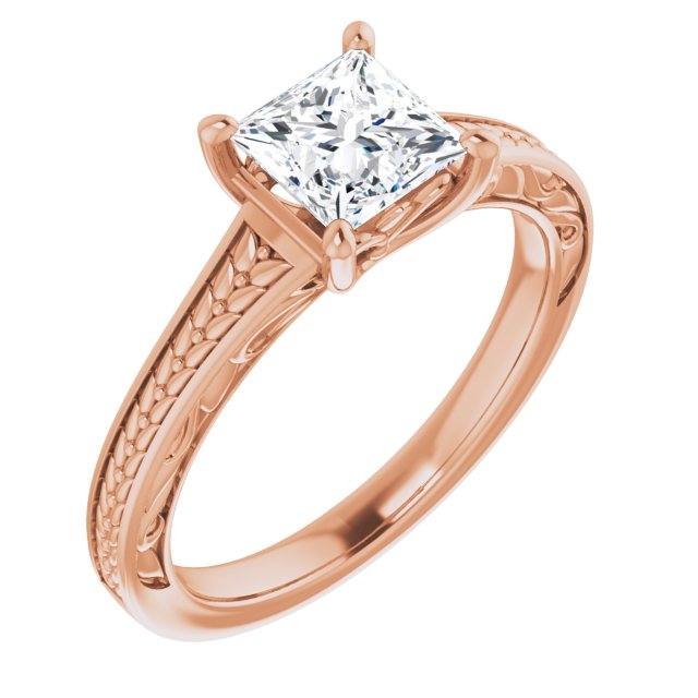 10K Rose Gold Customizable Princess/Square Cut Solitaire with Organic Textured Band and Decorative Prong Basket