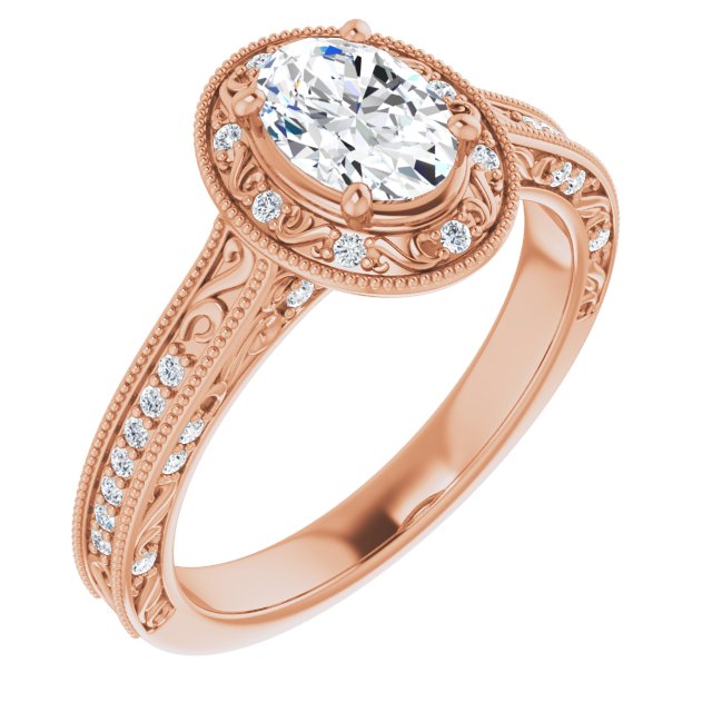 10K Rose Gold Customizable Vintage Artisan Oval Cut Design with 3-Sided Filigree and Side Inlay Accent Enhancements