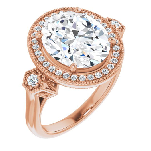 10K Rose Gold Customizable Cathedral Oval Cut Design with Halo and Delicate Milgrain