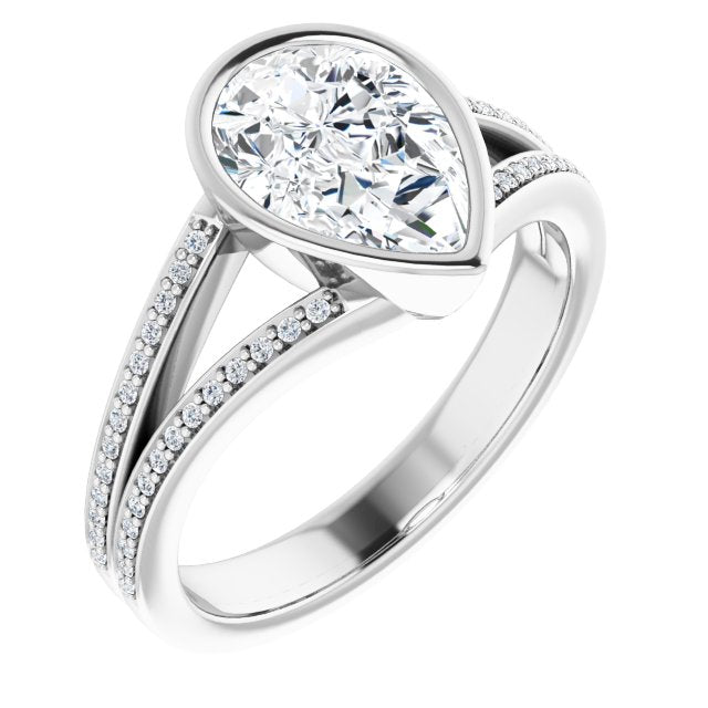 Cubic Zirconia Engagement Ring- The Jenni Lou (Customizable Bezel-set Pear Cut Design with Split Shared Prong Band)