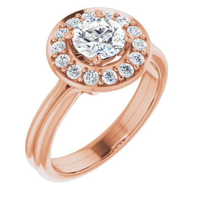 10K Rose Gold Customizable Cluster-Halo Accented Round Cut Style with Tapered Dual Band