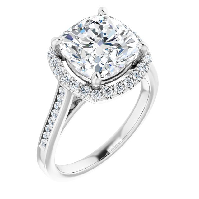 10K White Gold Customizable Cushion Cut Design with Halo, Round Channel Band and Floating Peekaboo Accents