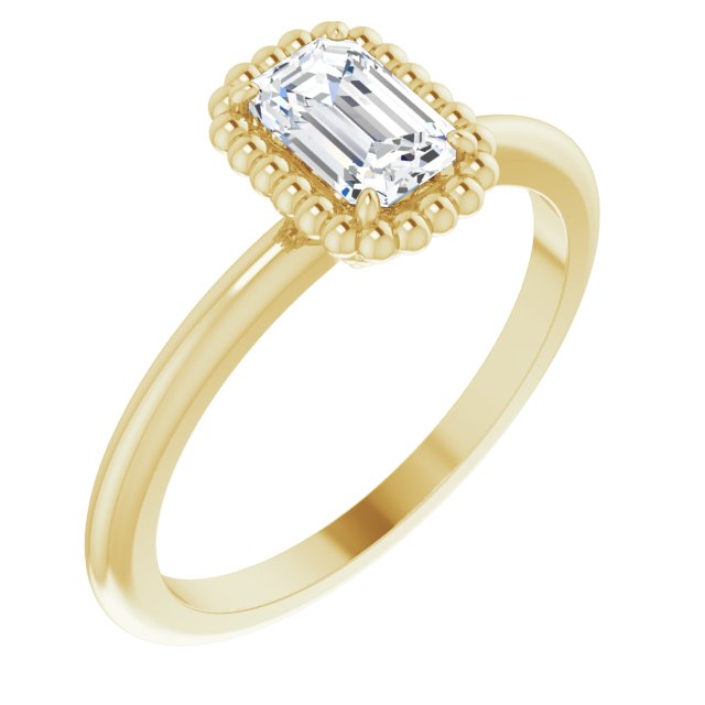 10K Yellow Gold Customizable Emerald/Radiant Cut Solitaire with Beaded Metallic Milgrain