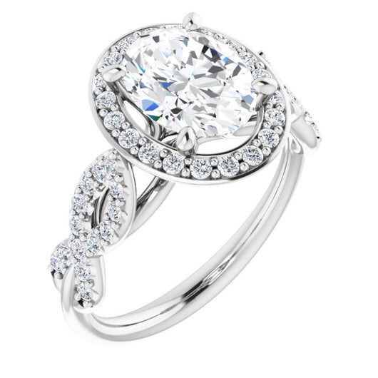 10K White Gold Customizable Cathedral-Halo Oval Cut Design with Artisan Infinity-inspired Twisting Pavé Band