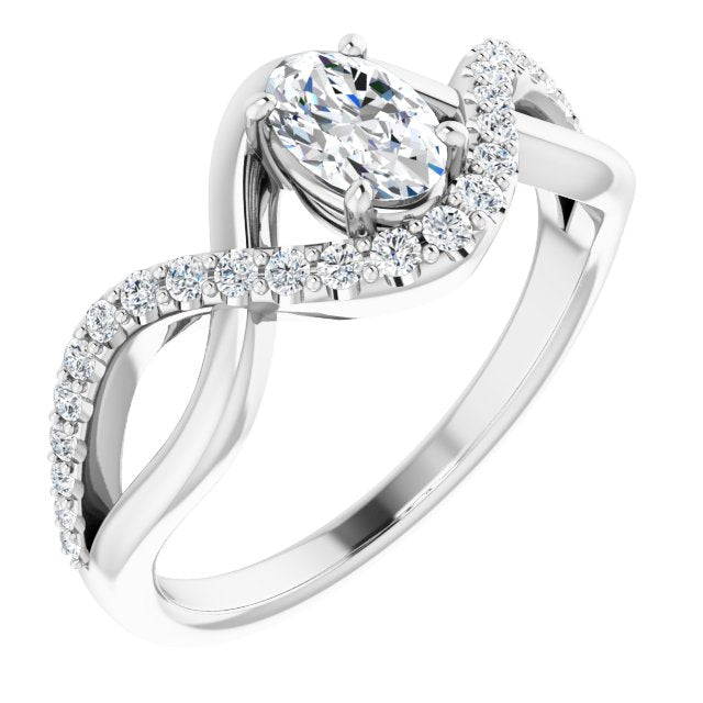 10K White Gold Customizable Oval Cut Design with Semi-Accented Twisting Infinity Bypass Split Band and Half-Halo